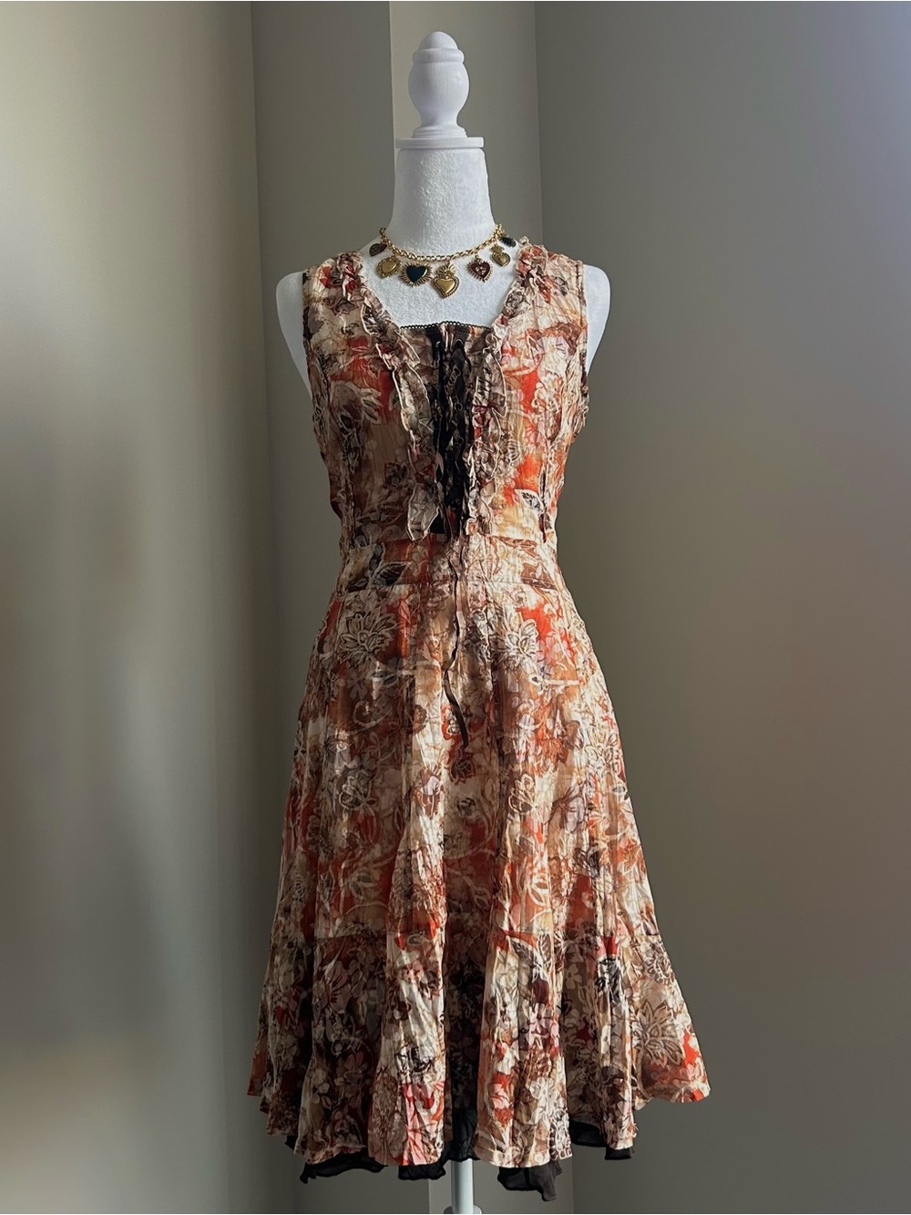 1990's Patterned Lace-Front Midi Dress